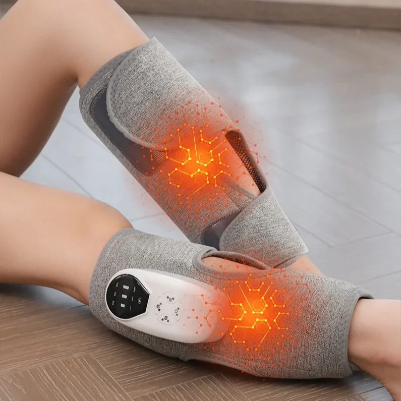 Pair of AirCalm Wraps worn on both calves, controls visible, with a visualization of the warming mode.